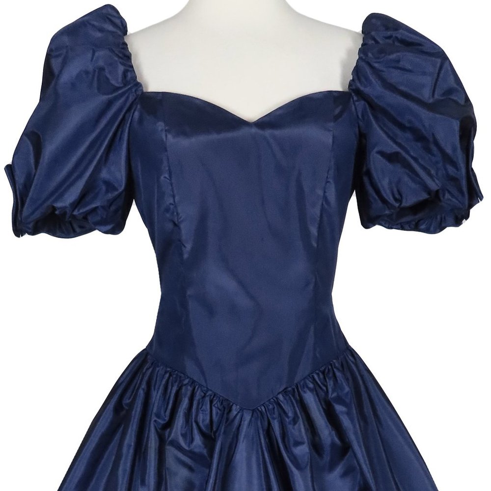 Vintage 80s Navy Blue Taffeta Puff Sleeve Full Skirt Hi Lo Prom Party Dress XS - Picture 5 of 10